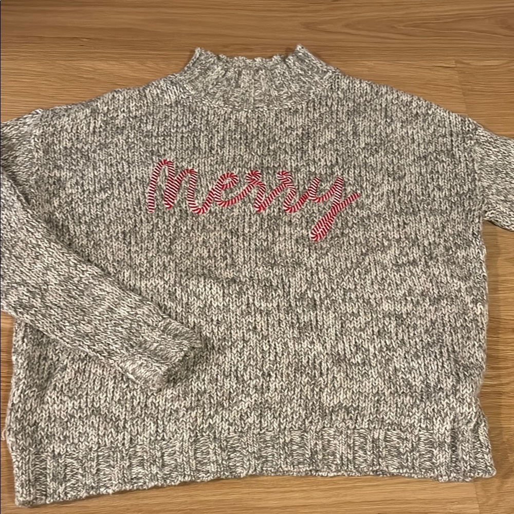 LOFT NWT Gray Knit Sweater with 'Merry' Design